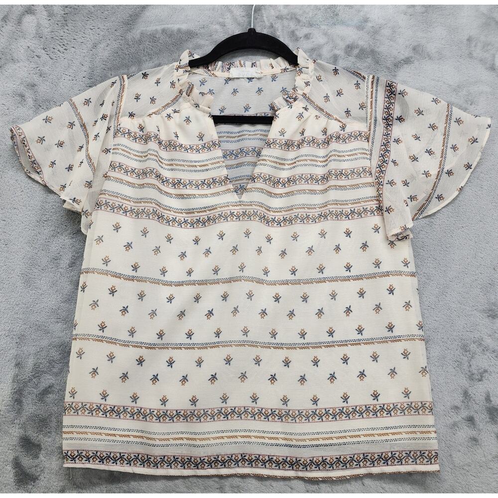 Sage The Label Top Womens M Cream Floral Collared V-Neck Pullover Flutter Sleeve